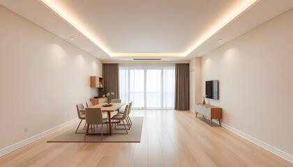 Obraz premium Modern interior design of apartment, dining room with table and chairs, empty living room with beige wall, panorama isolated with white highlights, png