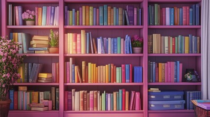 Colorful bookshelf filled with books and decorative plants.