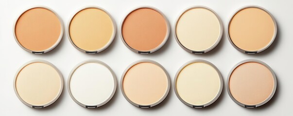 Group of smooth compact powders in different shades, laid out in a grid pattern for a modern magazine ad layout