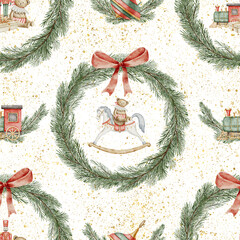 Seamless Pattern with retro Baby Toys and fir branches wreath. Watercolor illustration of Christmas background for Baby wrapping paper or textile design. Drawing of textile ornament with rocking horse © Alisles