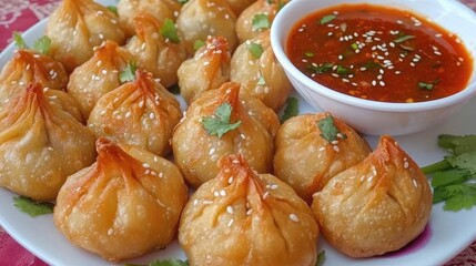 Delicious Fried Dumplings with Spicy Sauce