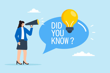 Flat illustration of woman speaks on megaphone with Did You Know speech bubble sharing fun facts and advice