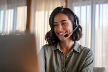 Young Greek woman with dark brown hair, wearing a headset and smiling while working from home, casual green shirt, bright home office environment