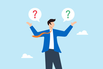 Flat illustration of businessman listens to second opinion making decision based on advice and reasoning