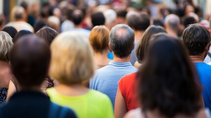 Fototapeta premium A Vivid Crowded Urban Street Scene, Displaying Diverse Faces Across Multiple Age Groups and Ethnicities, Highlighting the Aging Society Issue, Providing Extensive Copy Space for Text or Design Element