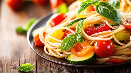 Fresh Vegetable Pasta on Wooden Table