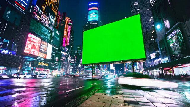 Empty green screen billboard in at night surrounded by bright city lights and busy traffic