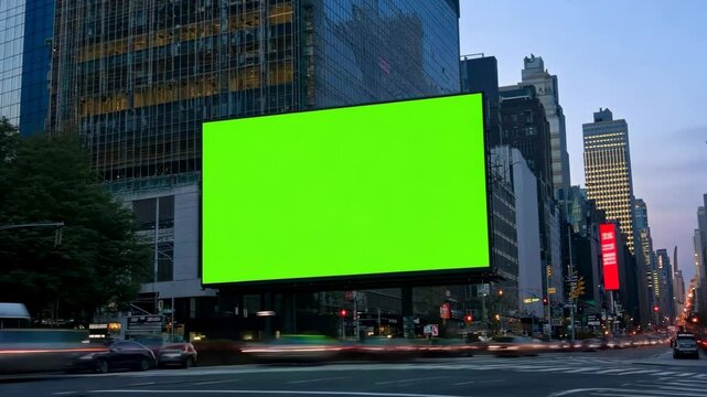 A vibrant urban environment with a green screen billboard during twilight in a bustling city.