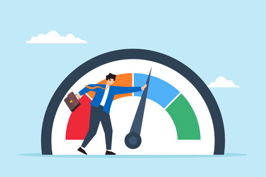 Flat illustration of businessman pushing performance gauge increasing skill levels and customer satisfaction