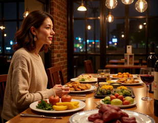 A woman enjoys a festive meal at a table filled with delicious New Year dishes.