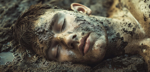 Close-up of a young man lying in mud
