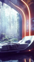 Futuristic bedroom interior with large window overlooking forest landscape, 3D rendering