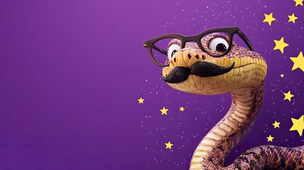 Fototapeta premium A cheerful snake, adorned with stylish glasses and a playful mustache, seems to delight in a starry night