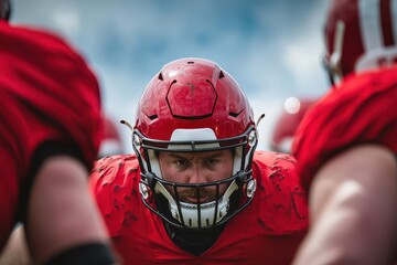 A focused football player in red gear prepares for action, surrounded by teammates, showcasing determination and teamwork on the field.