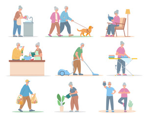 Senior people daily life, leisure and household activities, hobbies set. Elderly men and women cleaning home, cooking, walking, reading and exercising. Characters Vector illustration.