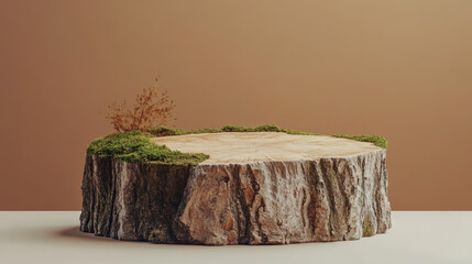 A minimalist, luxury-style old wooden cut pedestal with tree bark, featuring green moss, placed on a beige surface with a brown background. This composition is perfect for showcasing organic eco cosme