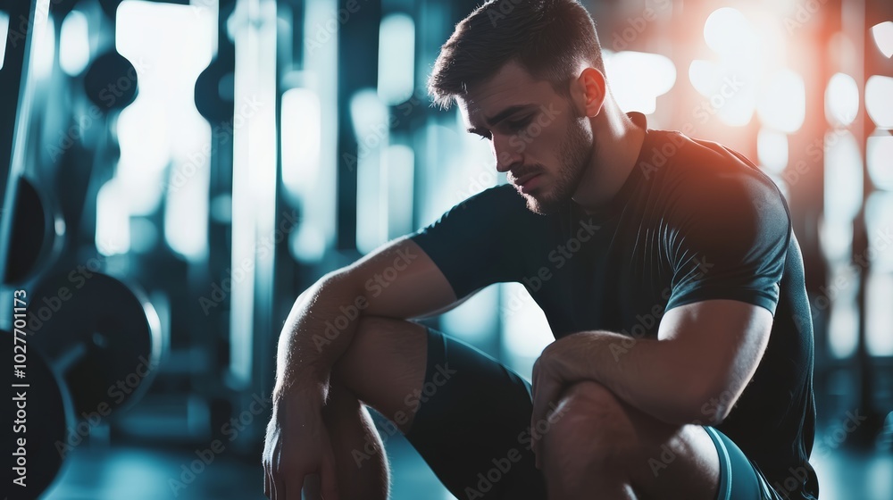 Wall mural tired athlete taking a break after a gym workout, sitting in a thoughtful pose surrounded by fitness