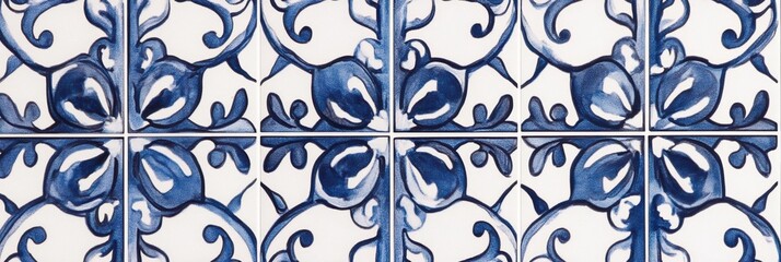 Mediterranean Tile Wallpaper in Blue and White, intricate patterns evoke coastal charm, perfect for enhancing interior spaces with elegance