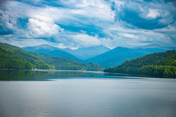 Panoramic view over the lake in the mountains