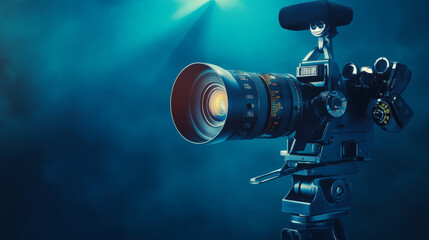 Fototapeta premium Illustrate a digital movie camera prominently displayed against a wide blue banner background, designed for film production or television broadcast themes.