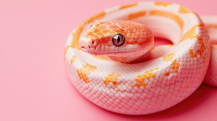 Fototapeta premium This playful snake curls charmingly, its cheeky eye glinting against a soft pink canvas around it