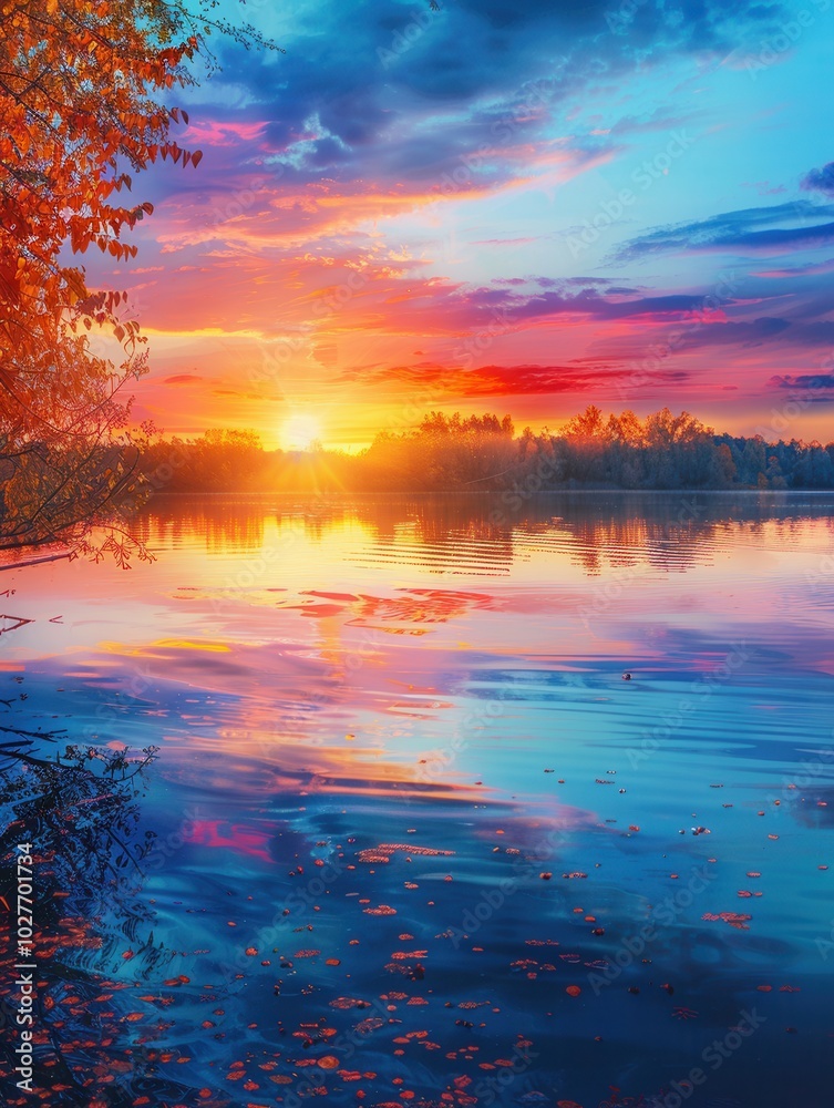 Poster the sky bursts with autumn hues as the sun sets, creating colorful reflections on the peaceful water