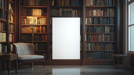 Blank white poster in an old library or bookstore for World Book Day