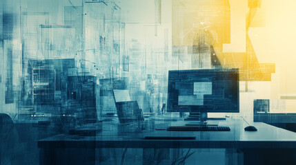 A technology-themed drawing of a workspace with a computer, featuring a double exposure effect. The image blends the workspace with elements representing innovation and digital advancements.



