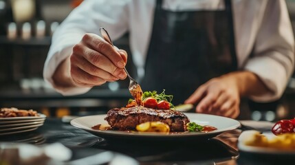 Chef plating a gourmet dish in a modern kitchen