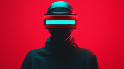 Futuristic concept image of a mysterious figure wearing a digital visor against a vibrant red background, symbolizing technology and anonymity.