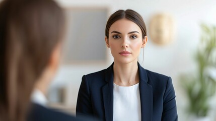 A focused woman in formal attire sits in an office, engaging in a conversation, with a calm demeanor and confident expression.