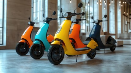 Colorful electric scooters in a modern indoor setting