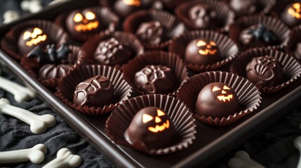 A spooky tray of chocolate truffles shaped like tiny glowing pumpkins, skulls, and bats, each with...