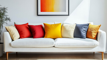 Scandinavian living room with vibrant pillows and white sofa