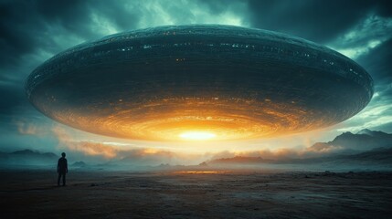 Obraz premium A man stands in front of a large, glowing, alien-like object