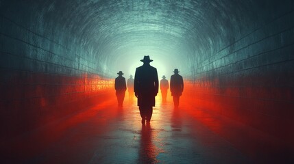 Fototapeta premium A man in a hat walks down a tunnel with three other men