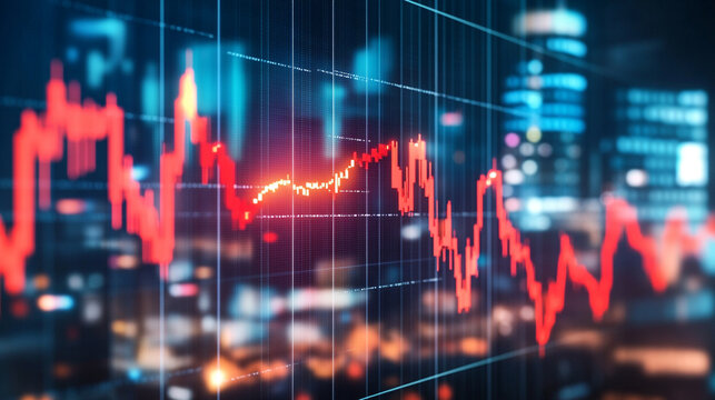 red line sharply dips downward on a stock market chart, symbolizing a market downturn, economic decline, or loss in investments. The image reflects volatility and financial uncertainty
