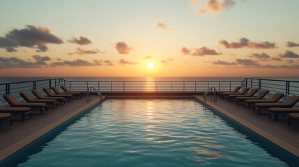 Obraz premium A beautiful sunset view over a serene swimming pool, featuring comfortable lounge chairs. The calm water reflects the vibrant colors of the sky, creating a peaceful atmosphere.