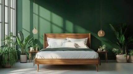 Cozy Minimalist Bedroom with Wooden Bed Frame and Green Accent Wall