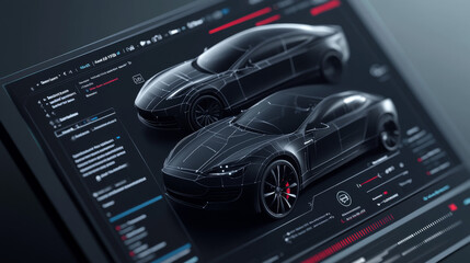 Obraz premium Create a 3D render showcasing the graphical user interface of professional software designed for eco-friendly car development. The program should feature tools for car diagnostics or testing, displayi