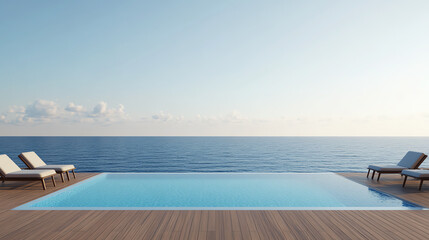 Obraz premium A serene infinity pool by the ocean, featuring comfortable lounge chairs, offering a calm and relaxing atmosphere with stunning views of the sea and sky.