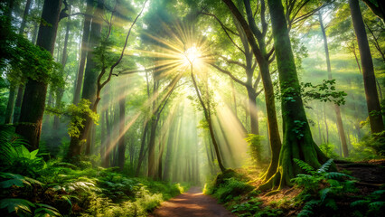 Dense Forest with Sunlight Rays. Perfect for: National Forest Day, Earth Day, Discovery Walks
