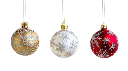 Three Christmas ornaments hanging from a string