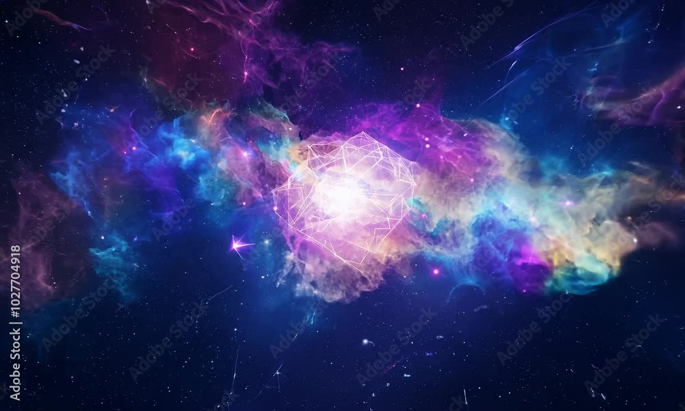 Wall mural cosmic nebula with glowing geometric shape symbolizes universe interconnectedness.