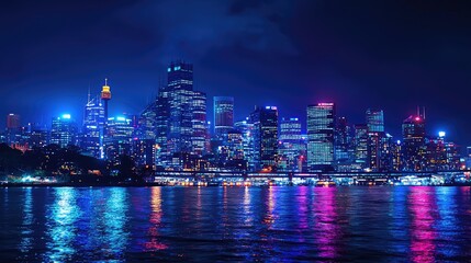 Obraz premium Nighttime City Skyline with Stunning Lights and Reflections