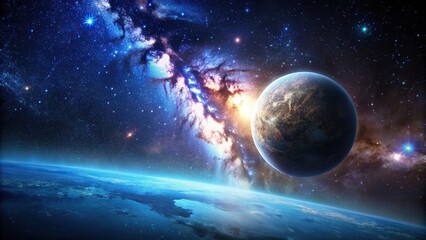 Obraz premium A stunning stock photo featuring a planet in the vast night sky of the magnificent Milky Way galaxy lit by distant stars, stunning, distant,planet, vast, sky, night, magnificent, star, stars