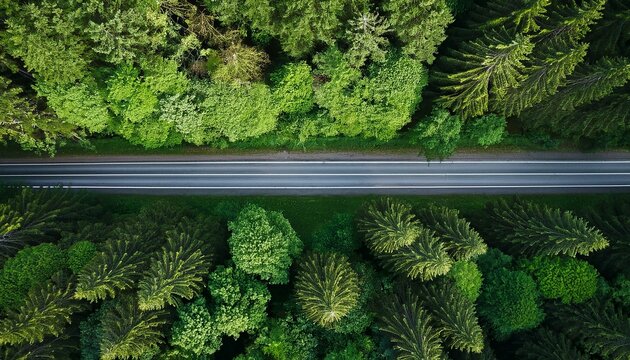 aerial veiw of empty road in green forest drone shot in 4k bird s eye