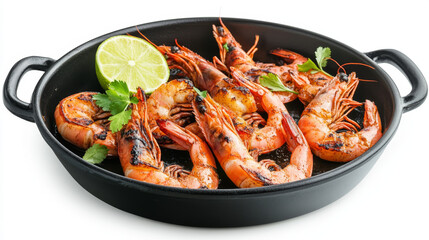 Grilled spicy prawns garnished with lime and oregano, beautifully arranged in a serving pan and isolated against a white background.



