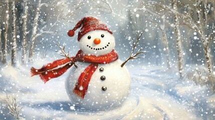 A Cheerful Snowman Wearing a Red Scarf in a Snowy Winter Landscape