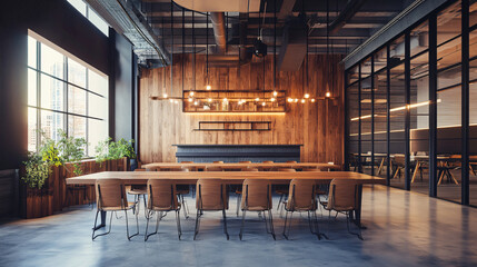 A minimalist coworking space with no occupants, featuring modern design elements like wood-paneled walls, an open floor plan, and hanging industrial light fixtures. The space has large communal tables